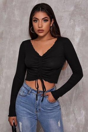Beru Kadın Siyah Uzun Kol Drapeli Bağcık Detaylı Crop Top Bluz Najmaddin
