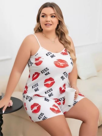 Beru Büyük Beden Kiss Me Öpücük Desen Pamuklu Şortlu Pijama Takımı Najmaddin