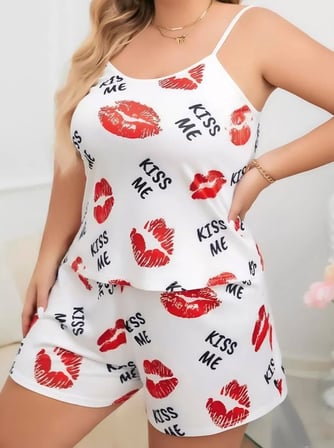 Beru Büyük Beden Kiss Me Öpücük Desen Pamuklu Şortlu Pijama Takımı Najmaddin