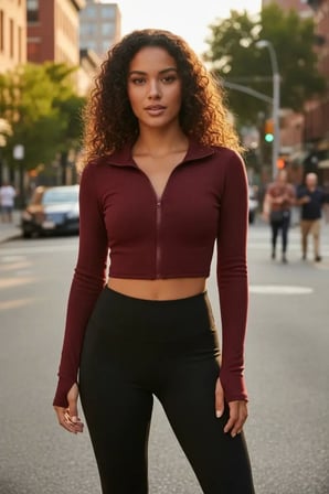 Beru Bordo Dik Yaka Fermuarlı Uzun Kollu Parmak Geçmeli Crop Top Spor Bluz Najmaddin