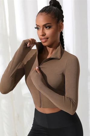 Beru Kadın Kahverengi Dik Yaka Fermuarlı Uzun Kollu Parmak Geçmeli Crop Top Spor Bluz Najmaddin