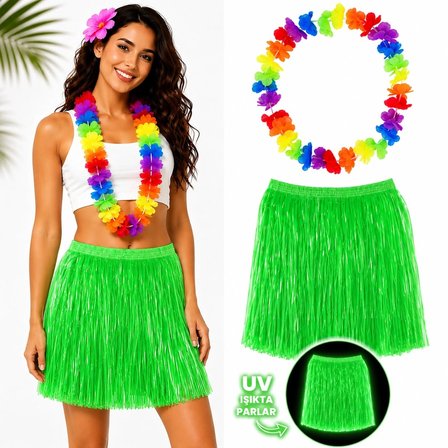 MEPA Najmaddin Neon Yeşil Hawaii Etek 40 Cm Ve Rengarenk Hawaii Kolye Najmaddin