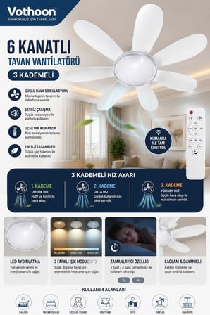MEPA Najmaddin 6 Kanatlı 3 Kademeli Led Aydınlatmalı Uzaktan Kumandalı Tavan Vantilatörü Najmaddin
