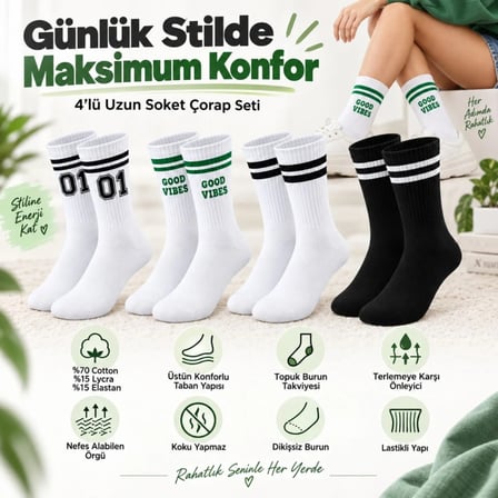 Beru Unisex Çorap Çizgili 4'lü Set 07 Good Vibes Yazılı Siyah Beyaz Uzun Soket Spor Kolej Stil Rahat Şık Najmaddin