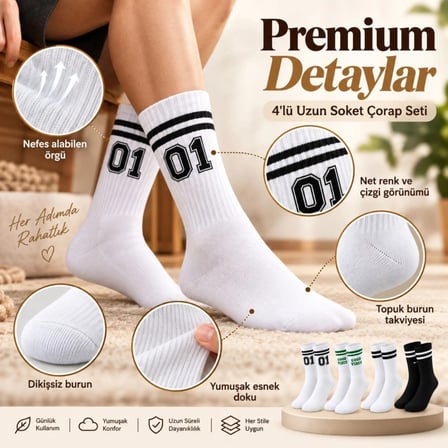 Beru Unisex Çorap Çizgili 4'lü Set 07 Good Vibes Yazılı Siyah Beyaz Uzun Soket Spor Kolej Stil Rahat Şık Najmaddin