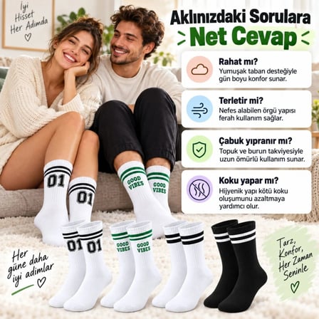 Beru Unisex Çorap Çizgili 4'lü Set 07 Good Vibes Yazılı Siyah Beyaz Uzun Soket Spor Kolej Stil Rahat Şık Najmaddin