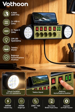 Karg Akıllı Masaüstü Duvar Tipi Akım Korumalı 5’li Priz 3680w Led Işıklı Usb-a Type-c Telefon Standlı Najmaddin