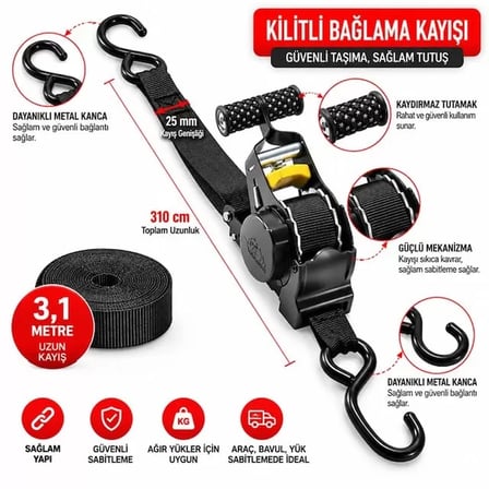 Sh Sunup Sn-37789 3 Metre Otomatik Cırcırlı Bağlama Kayışı Spanzet Kaydırmaz Tutamaklı Dayanıklı Çelik Gövde 230kg Najmaddin