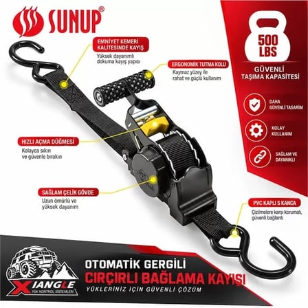 Sh Sunup Sn-37789 3 Metre Otomatik Cırcırlı Bağlama Kayışı Spanzet Kaydırmaz Tutamaklı Dayanıklı Çelik Gövde 230kg Najmaddin