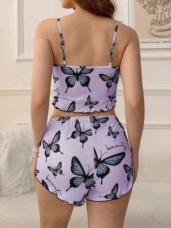 Beru Mor Renk Kelebek Desenli Şortlu Ev Giyim Takımı,kadın Yazlık Askılı Pijama, Rahat Ve Şık Ev Giyim Najmaddin