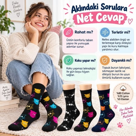 Beru Unisex Kedi Desenli Çorap 6'lı Set Pamuklu Renkli Uzun Soket Dikişsiz Nefes Alan Rahat Günlük Çorap Najmaddin