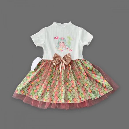 Baby 1-2-3 Yaş Denizkızı Baskılı Pul Desen Etekli Kız Bebek Elbisesi Ekru Najmaddin