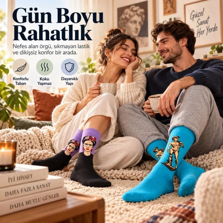 Beru Unisex Çorap Sanat Temalı Renkli 7'li Set Portre Tablo Desenli Uzun Soket Günlük Eğlenceli Çorap Şık Najmaddin