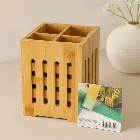 Tedar Ahşap Bambu 4 Bölmeli Kaşıklık Organizer (11X11 Cm, Pencereli) Najmaddin
