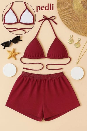 Beru Bordo Şortlu Bağlamalı Bikini Takımı Üçgen Kesim Ayarlanabilir Esnek Kumaş Kadın Mayo Seti Najmaddin