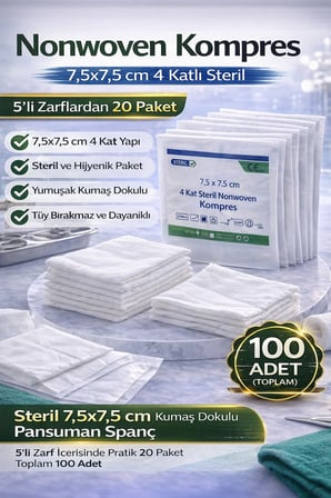 Bez Nonwoven Kompres 7,5x7,5 cm 4 Katlı Steril 100 Adet (5’li Zarflardan 20 Paket) Pansuman Spanç 1 KUTU Najmaddin