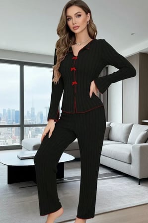 Beru Kadın Siyah Kırmızı Biyeli Fiyonk Detaylı Uzun Kollu Mevsimlik Pijama Takımı Premium Ev Giyim Najmaddin