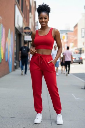 Beru Kadın Kırmızı Premium Görünümlü Kaşkorse Cepli Jogger Eşofman Altı Ve Crop Top Bluz Takımı Najmaddin