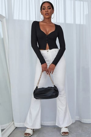 Beru Kadın Siyah Uzun Kollu Düğmeli Göğüs Ve Göbek Dekolteli Crop Top Bluz Najmaddin