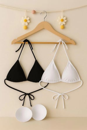 Beru Siyah Ve Beyaz 2’li Üçgen Bikini Üstü Seti Bağlamalı Minimal Kesim Esnek Kadın Mayo Üstü Najmaddin