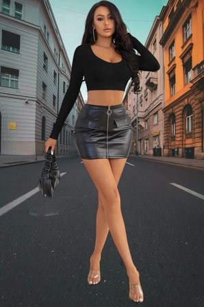 Beru Siyah Derin U Yaka Crop Top Uzun Kollu Dar Kesim Kadın Bluz Najmaddin