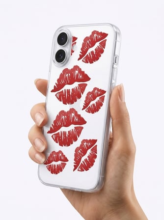 Hepsi İphone 16 Kırmızı Dudak / Öpücük Desenli Şeffaf Telefon Kılıfı Najmaddin