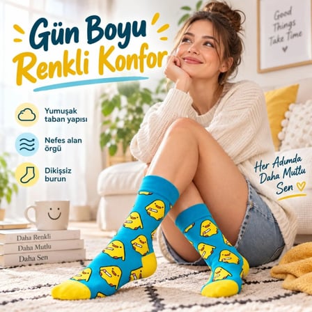 Beru Renkli Civciv Desenli Unisex Soket Çorap | Yumuşak, Esnek Ve Konforlu Günlük Kullanım 6'lı Set Najmaddin