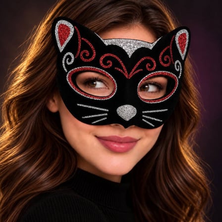 Emin Kadife Dokulu Sim Detaylı Işıltılı Kedi Maskesi Kırmızı Gümüş 20x13 cm Najmaddin