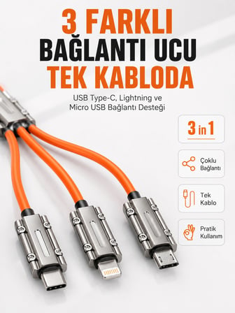 Mey Mey İthalat Çinko Alaşımlı Metal Konnektörlü Dayanıklı 6A Hızlı Şarj Kablosu Najmaddin