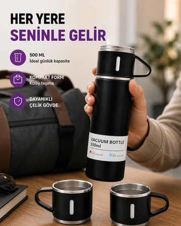Mey Mey İthalat Çelik Termos Bardak Seti | 500 ml Kapasite, Kaymaz Taban, Hediye Kutulu Najmaddin