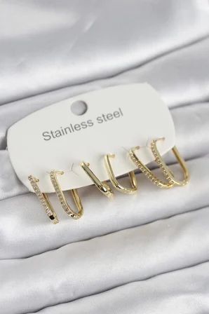 Hepsi 316L Çelik Gold Renk 6'lı Set Geometrik Model Kadın Küpe 5886 Najmaddin