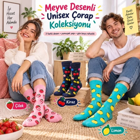Beru Kadın Ve Erkek Çorap Meyve Desenli Renkli 3'lü Set Uzun Soket Günlük Rahat Çorap Seti Najmaddin