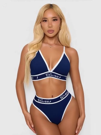 Beru Kadın Lacivert Love Yazılı Mayo Bikini Şık Esnek Kumaş Plaj Giyim Özel Tasarım Najmaddin