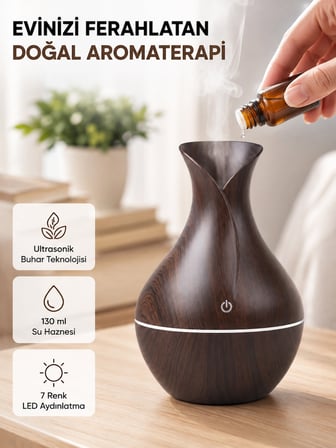 Mey Mey İthalat Aromaterapi Difüzör Ahşap Desenli ve Ultrasonik Nemlendirici LED Işıklı Najmaddin