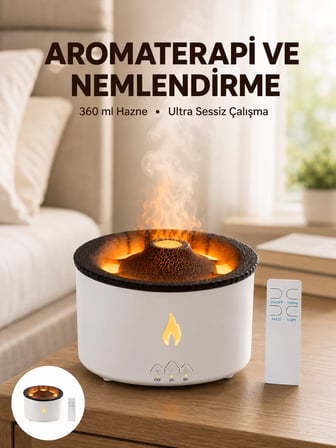 Hepsi Alev Efektli Aromaterapi Difüzörü – 360 ml Su Hazneli Sessiz ve Zaman Ayarlı Yeni Nesil Najmaddin