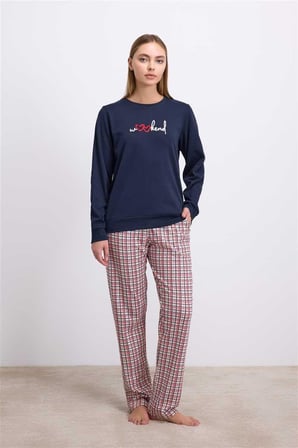Beru %100 Pamuklu Uzun Kol Sweatshirt Ve Ekose Pantolon Pijama Takımı Najmaddin