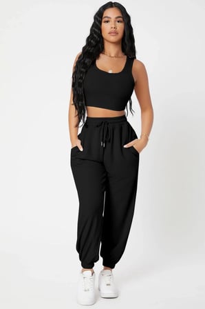 Beru Kadın Siyah Premium Görünümlü Kaşkorse Cepli Jogger Eşofman Altı Ve Crop Top Bluz Takımı Najmaddin