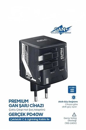 Karg Gan+ Pd 40w Hızlı Şarj Adaptörü Çoklu Çıkış Usb-c Lightning Kablolu Hızlı Şarj Cihazı Ev Ofis Uyumlu Siyah Najmaddin