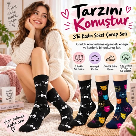 Beru Unisex Kedi Desenli Çorap 3'lü Set Pamuklu Renkli Uzun Soket Dikişsiz Nefes Alan Rahat Günlük Çorap Najmaddin