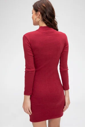 Beru Kadın Bordo Kaşkorse Balıkçı Yaka Uzun Kollu Bodycon Mini Elbise Najmaddin