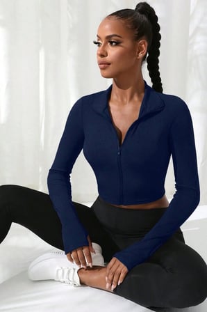 Beru Kadın Lacivert Dik Yaka Fermuarlı Uzun Kollu Parmak Geçmeli Crop Top Spor Bluz Najmaddin