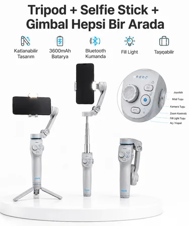 Karg 3 Eksen Telefon Gimbal Stabilizer Yapay Zeka Takipli Katlanabilir Dahili Dolgu Işıklı Video Sabitleyici Najmaddin