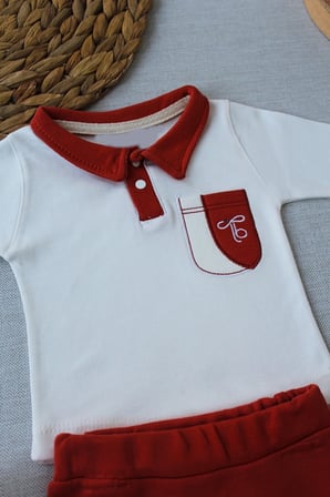 Baby 3-6 6-9 9-12 Ay Efendi Nakışlı Cep Şapkalı Uzun Kollu Sweat 3lü Erkek Bebek Takımı Kiremit Najmaddin