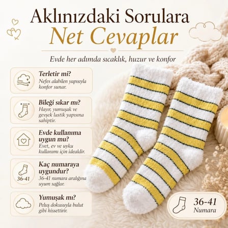 Beru Peluş Çizgili Kadın Uyku Çorabı 36-40 Yumuşak Sıcak Tutan Sıkmayan Ev Çorabı Sarı Beyaz Najmaddin