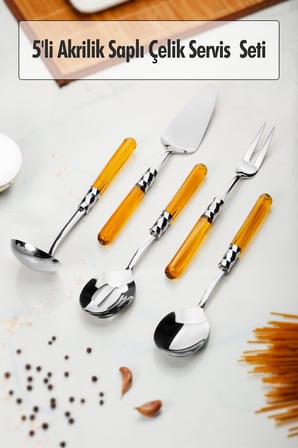 Bez 5 Parça Platin Servis Seti & Servis Sunum Seti Amber ( Kepçe / Kevgir / Sıpatula / Çatal / Kaşık ) Najmaddin