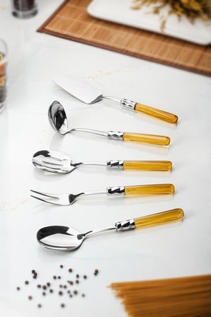 Bez 5 Parça Platin Servis Seti & Servis Sunum Seti Amber ( Kepçe / Kevgir / Sıpatula / Çatal / Kaşık ) Najmaddin