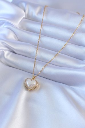 Hepsi 316L Çelik Gold Renk İncili Kalp Model Zirkon Taşlı Kadın Kolye 5886 Najmaddin