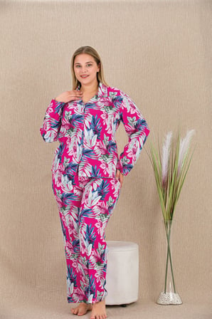 Beru Büyük Beden Renkli Yaprak Desenli Düğmeli Uzun Kol Viskon Pijama Takımı Najmaddin
