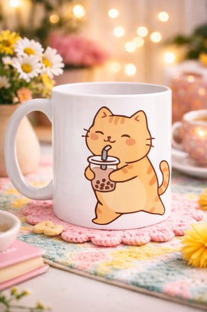 Bez Sevimli Kedi Bubble Tea Tasarımlı Porselen Kupa MODEL 192 – Boba Çayı İçen Kedi Kahve Kupası – Kedi Severlere Hediyelik Kupa Bardak Najmaddin
