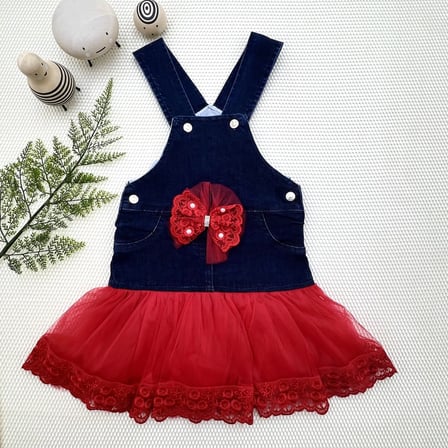 Baby 2-3-4 Yaş Fiyonklu Düğme Detaylı Tül Etek Kot Kumaş Salopet Kız Çocuk Elbisesi Lacivert-kırmızı Najmaddin